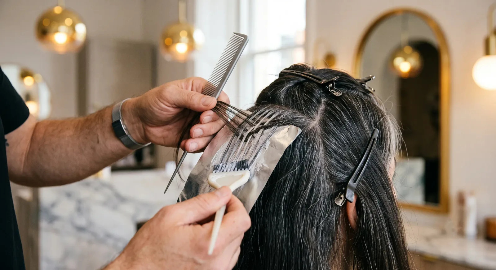 Colorista aplicando mechas para integrar canas con la técnica de grey blending