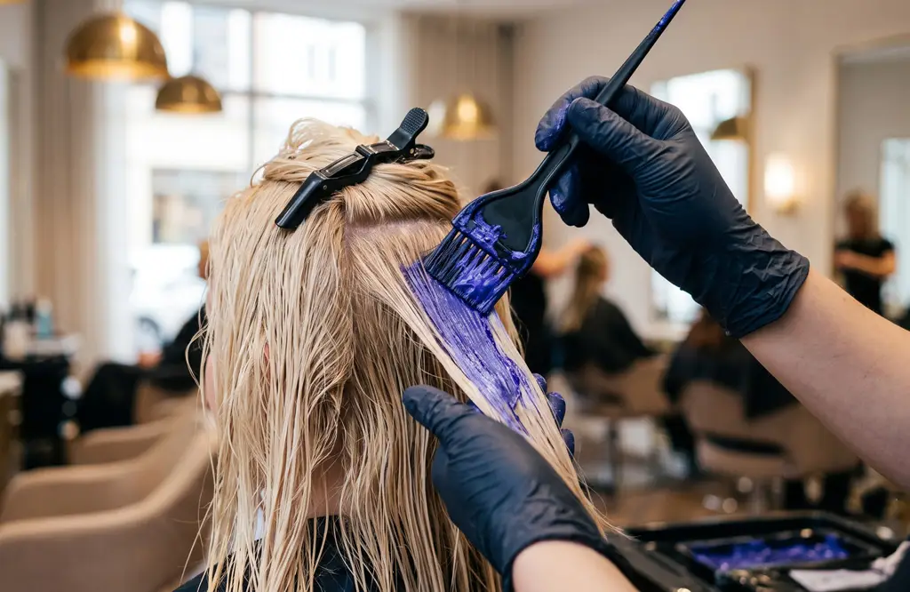 Aplicación de matiz violeta para neutralizar el tono naranja del cabello