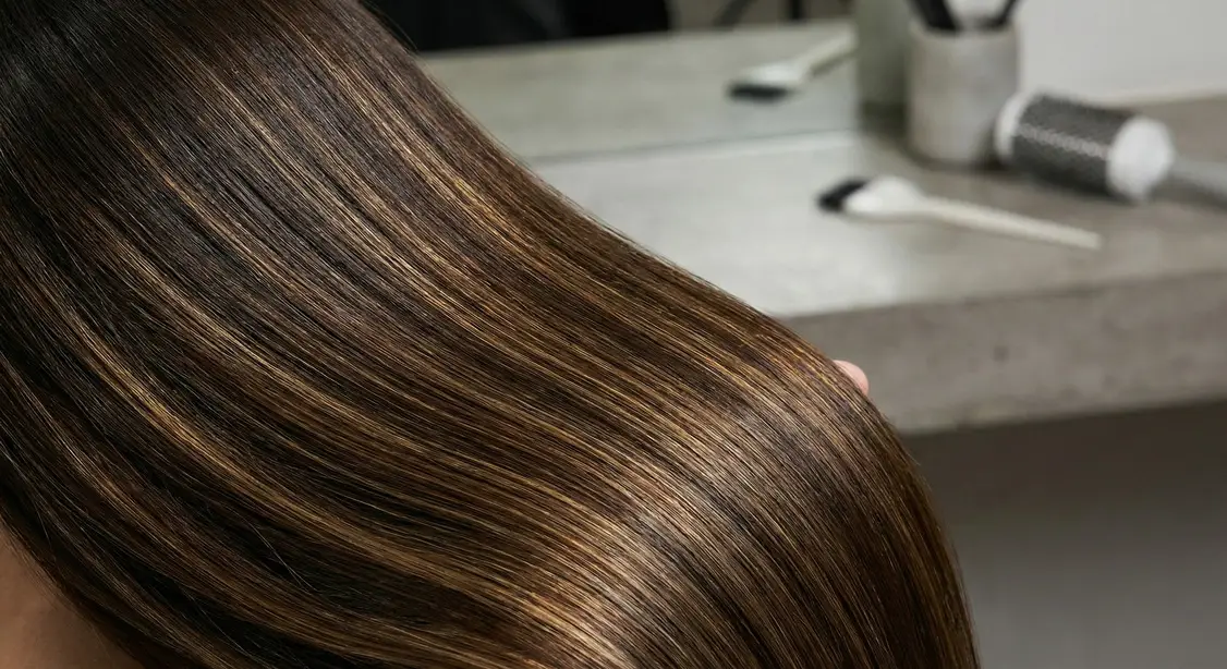 Mujer con balayage castaño iluminado estilo old money